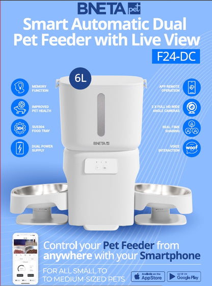 BNETA F24-DC Smart Wi-Fi Dual Automatic Pet Feeder with HD Camera – 6L