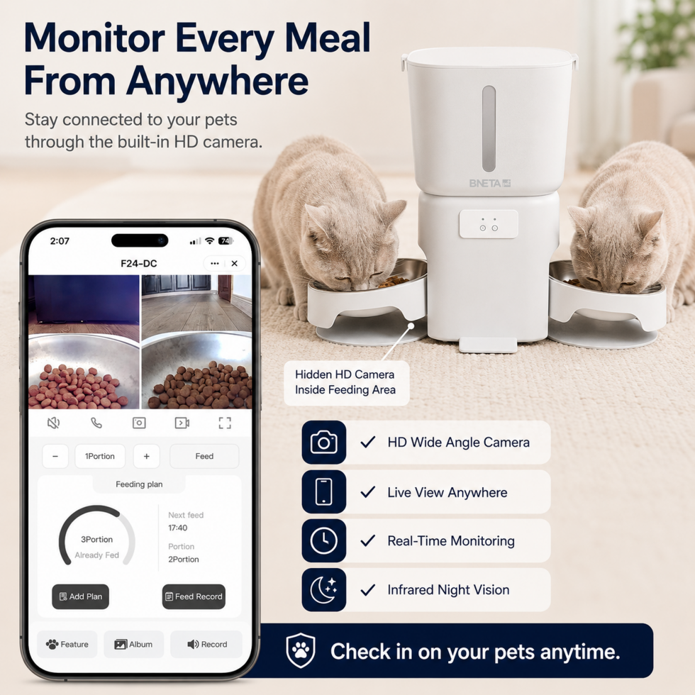 BNETA F24-DC Smart Wi-Fi Dual Automatic Pet Feeder with HD Camera – 6L